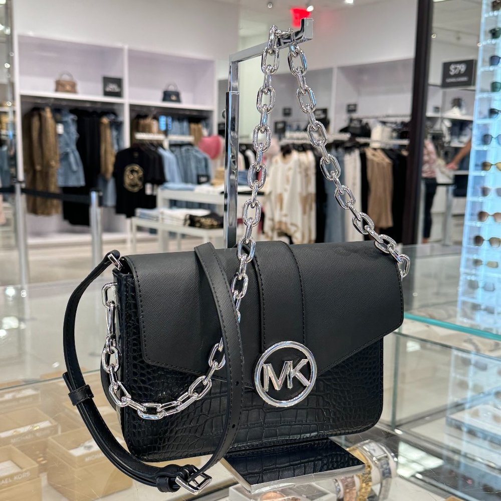 Michael Kors Carmen MD Flap Shoulder Chain Crossbody Bag Embossed Black/Silver - Picture 3 of 8